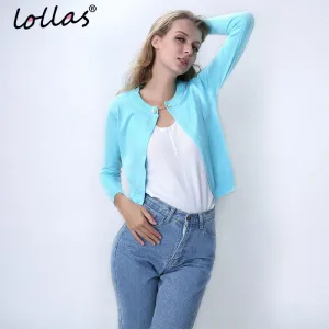 lollas New Solid Color Fashion Women Sweater Female Cardigan Thin Outerwear Summer Short Design Knit Long-sleeve Sweater