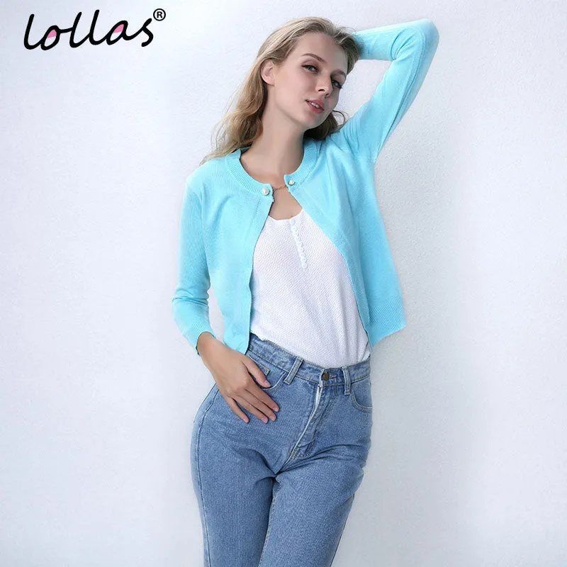 lollas New Solid Color Fashion Women Sweater Female Cardigan Thin Outerwear Summer Short Design Knit Long-sleeve Sweater