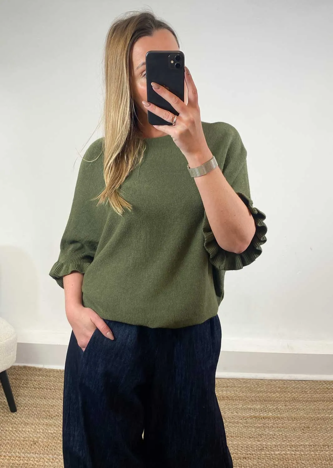 Marian Frill Sleeve Knit Top in Khaki