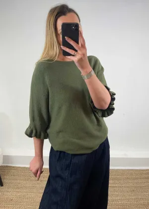 Marian Frill Sleeve Knit Top in Khaki