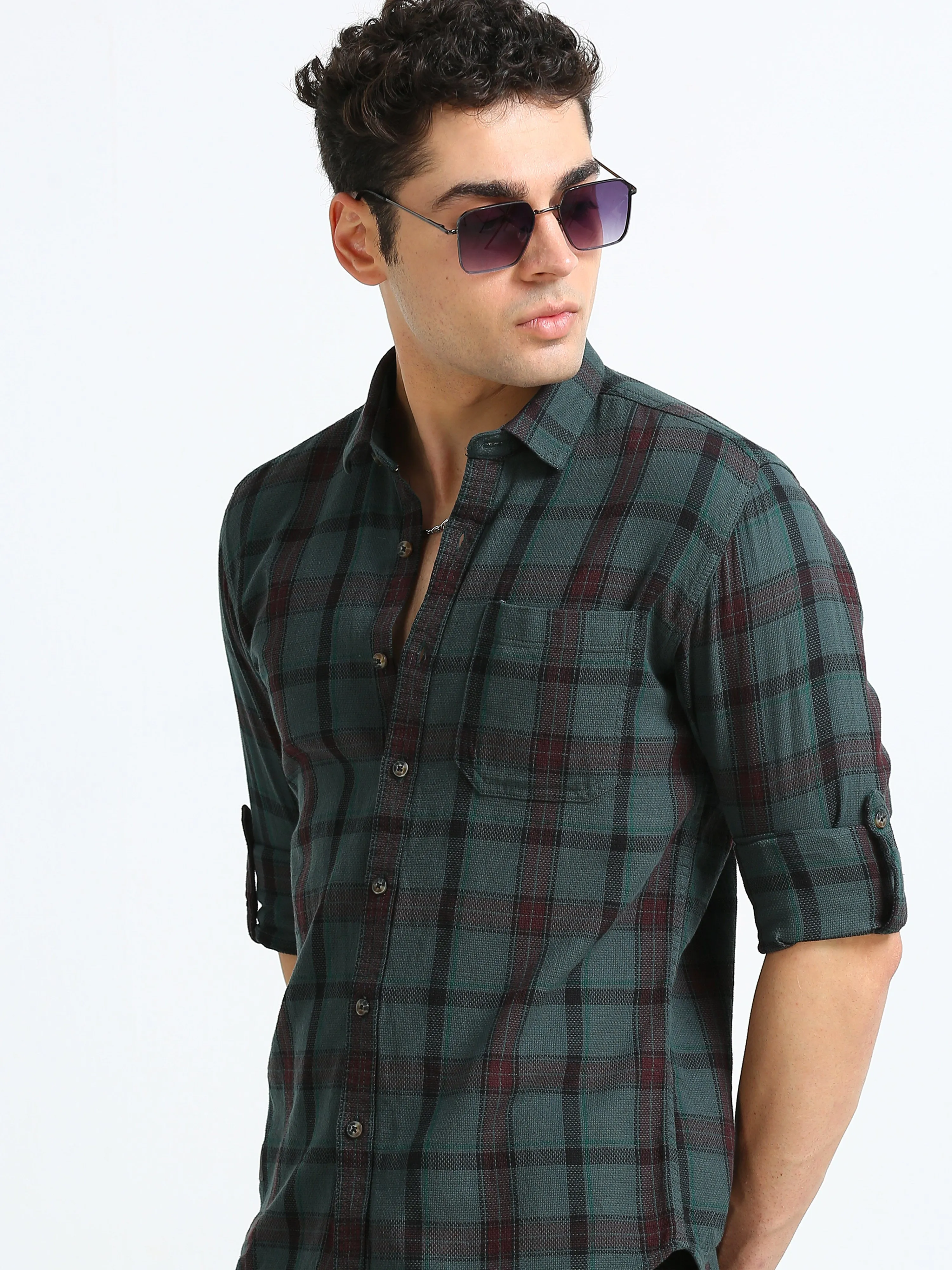 Men Green & Maroon Slim Fit Checks Full Sleeve Casual Shirt