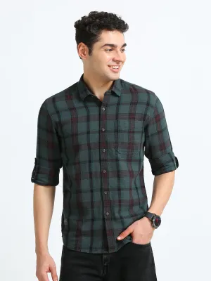 Men Green & Maroon Slim Fit Checks Full Sleeve Casual Shirt