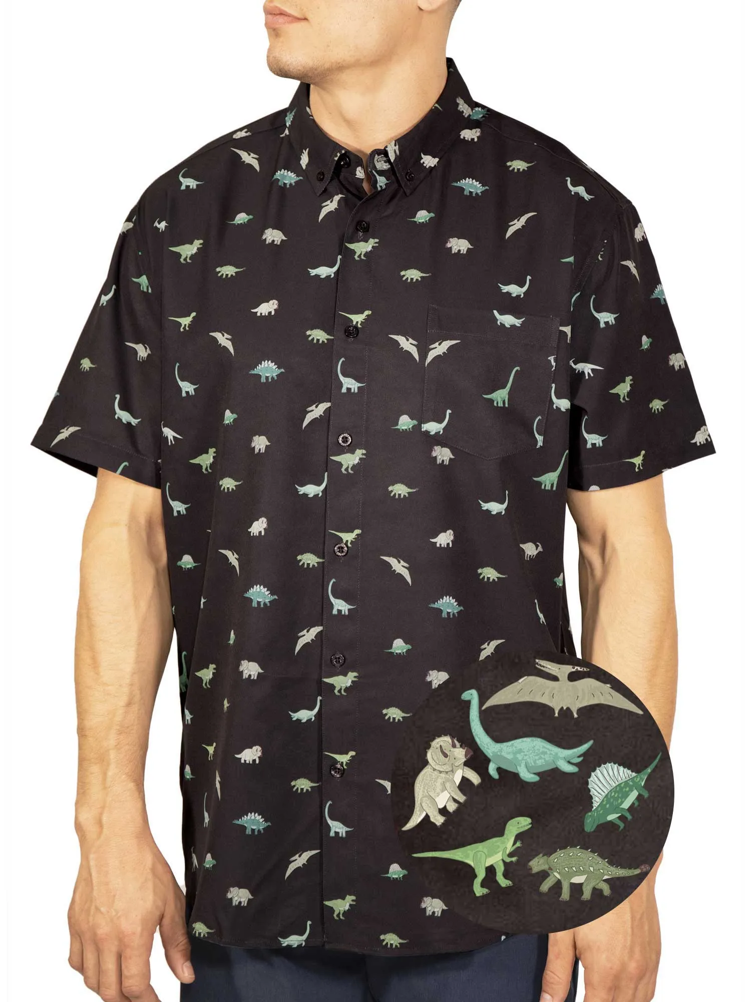 Mens Button Down Shirt - New Black Dino ( Stretch )