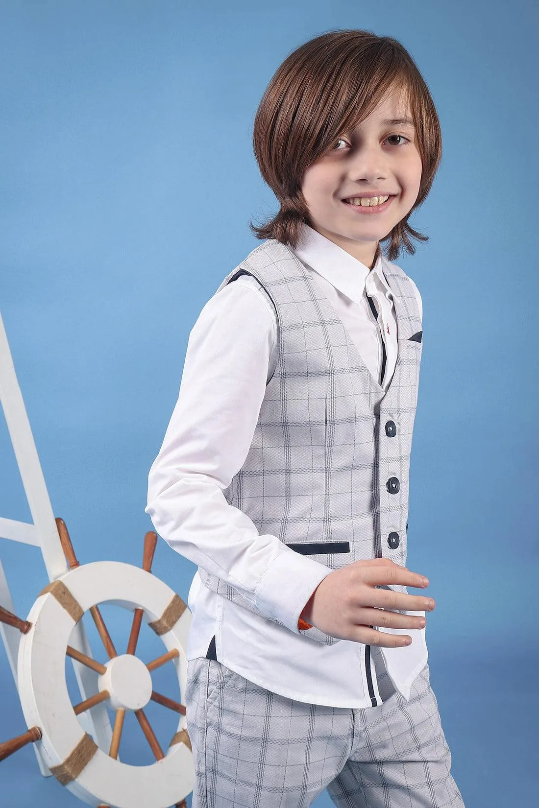 One Friday Kids Boys 100% Cotton Grey Check Waistcoat With Front Pockets