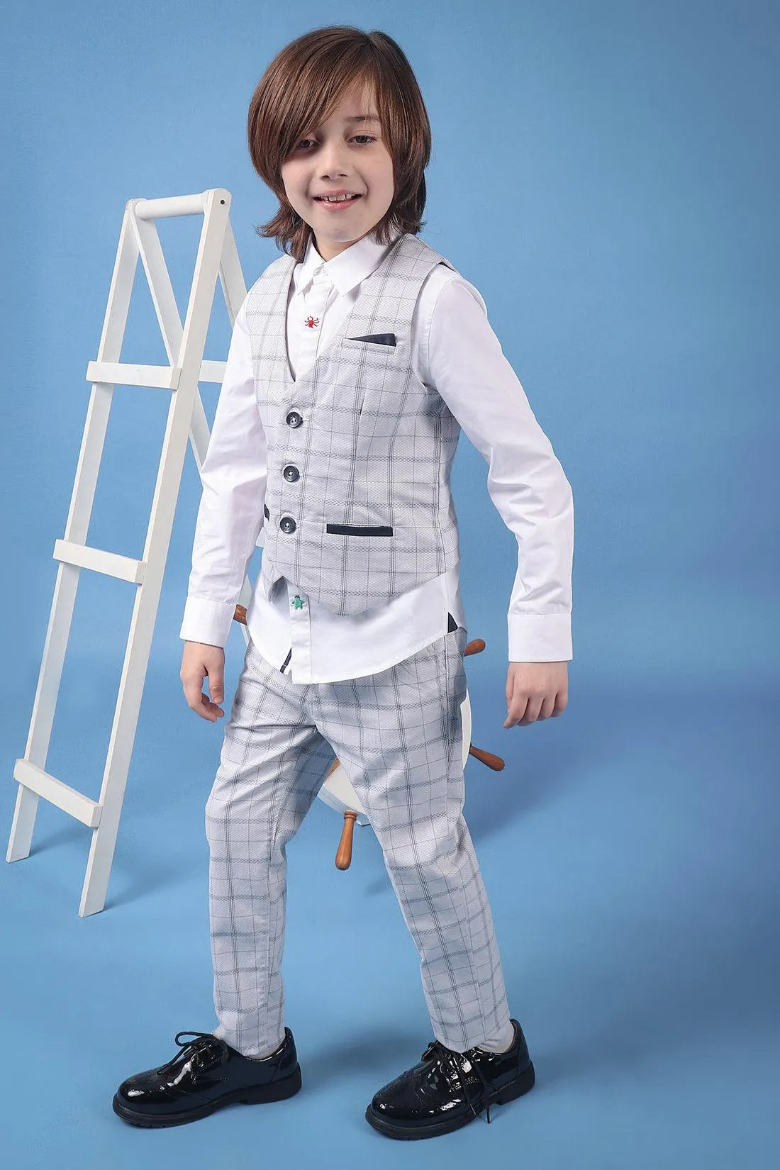 One Friday Kids Boys 100% Cotton Grey Check Waistcoat With Front Pockets