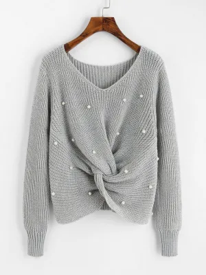 Pearl Beaded Detail Twist Sweater