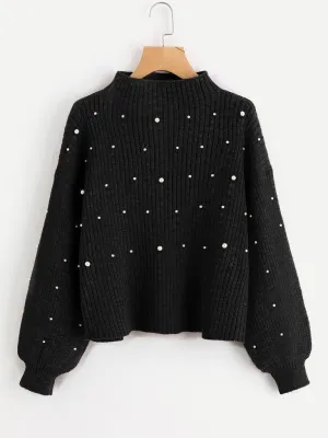 Pearl Embellished Exaggerated Bishop Sleeve Ribbed Sweater