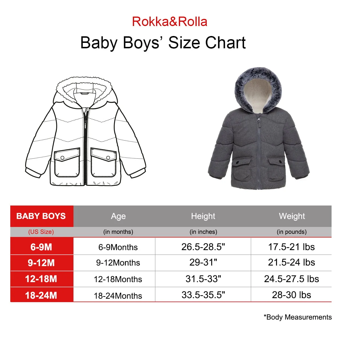 Rokka&Rolla Baby Boys' Infants Puffer Coat Toddler Hooded Winter Jacket, Sizes 6-24M