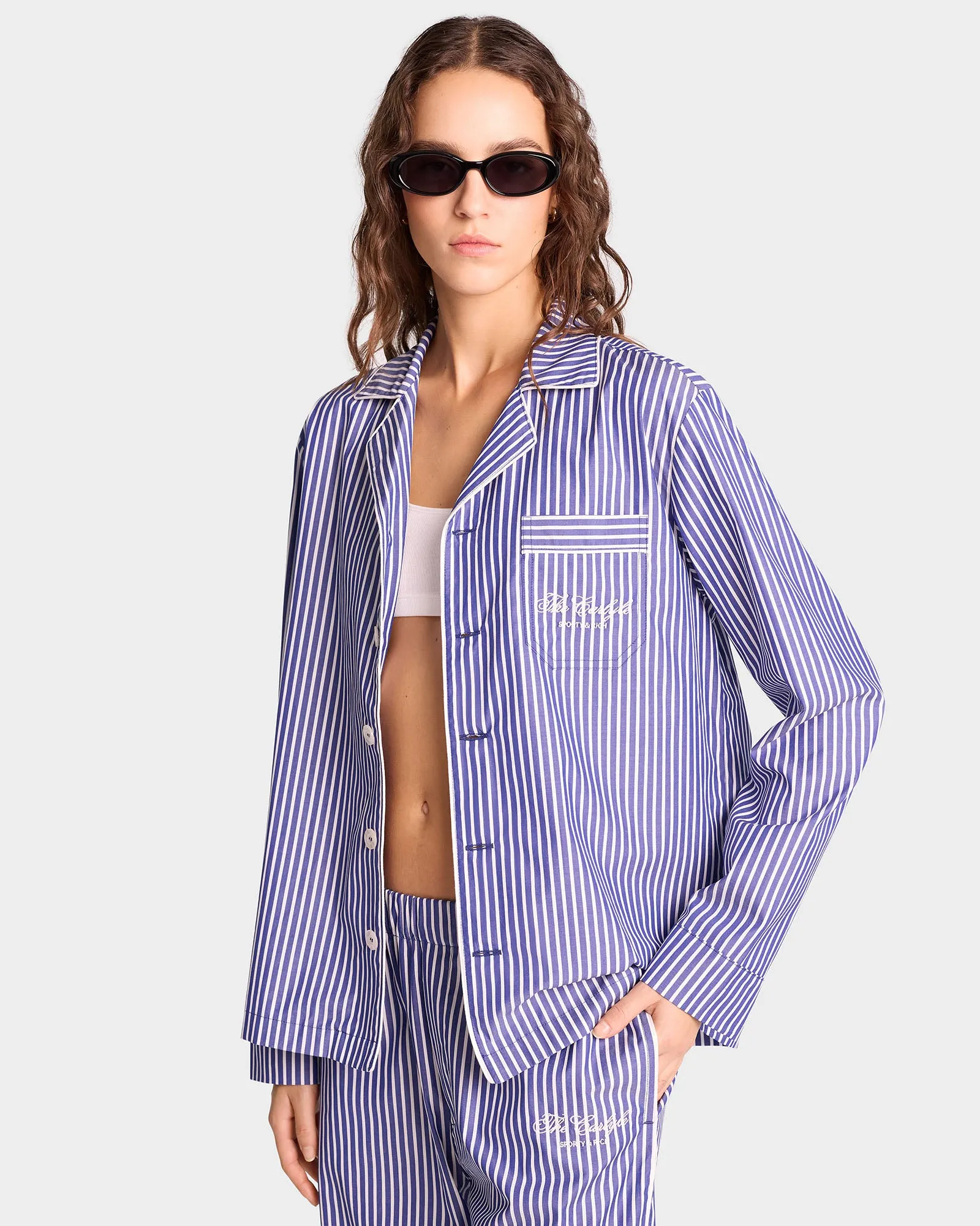 The Carlyle Script Pyjama Top - Navy Striped