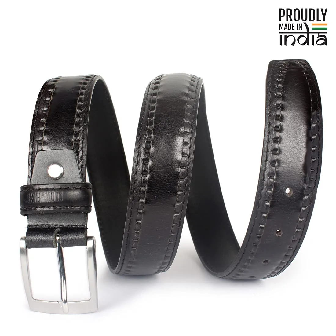 THE CLOWNFISH Men's Genuine Leather Belt with Embossed Design - Charcoal Black (Size - 32 inches)