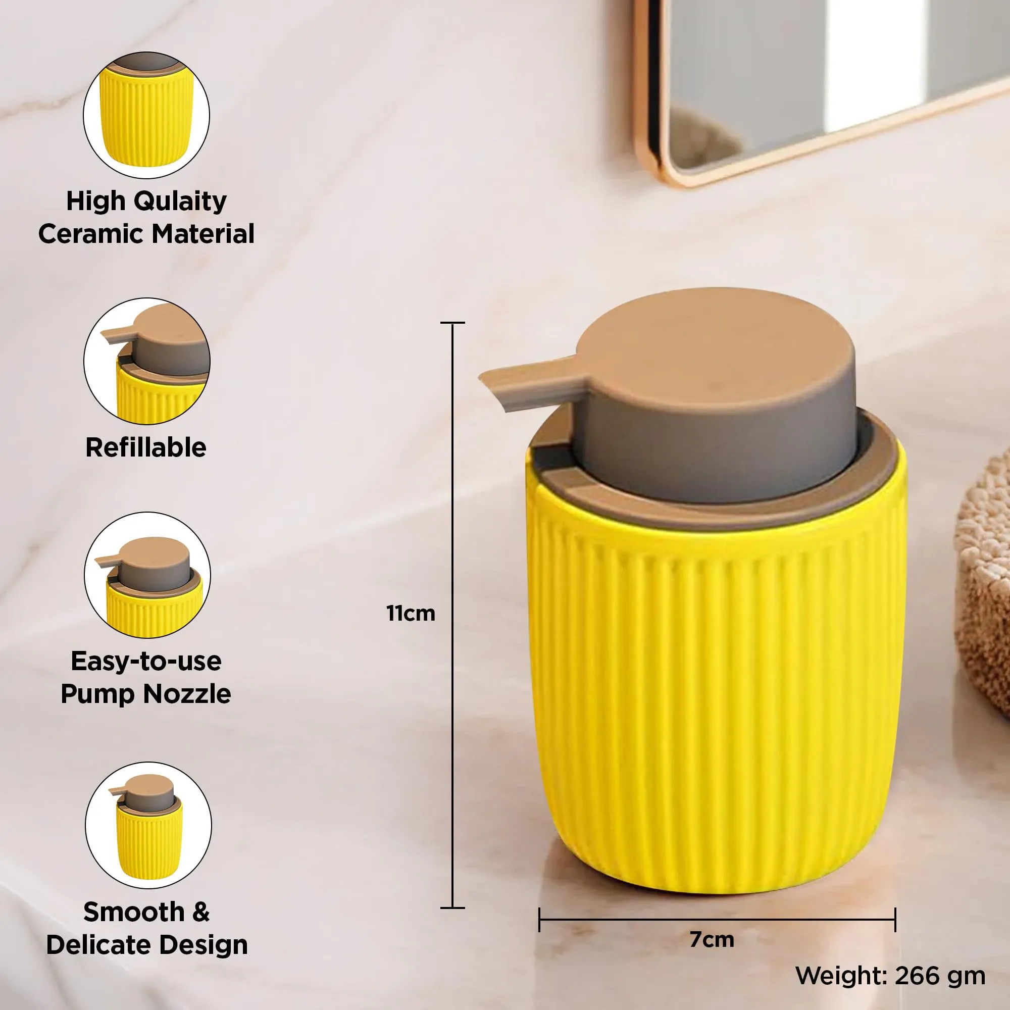 UMAI 320ML Ceramic Soap Dispenser for Bathroom - Yellow | Bathroom Accessories | Liquid Soap Dispenser for Kitchen | Handwash Dispenser | Hand Wash Dispensers Pump | Handwash Bottle