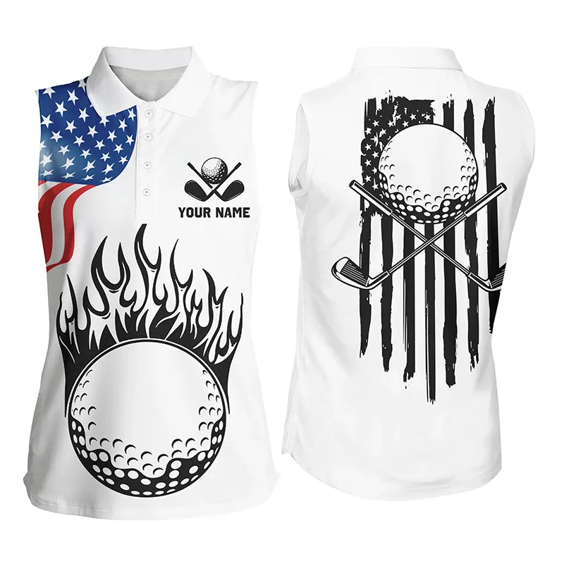 Women Sleeveless Golf Polo Shirt Custom American Flag Golf Ball Fire Patriot Golf Tops, Golf Attire