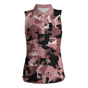 Women's sleeveless golf polo shirt name black and pink golf camo ladies golf sleeveless tops